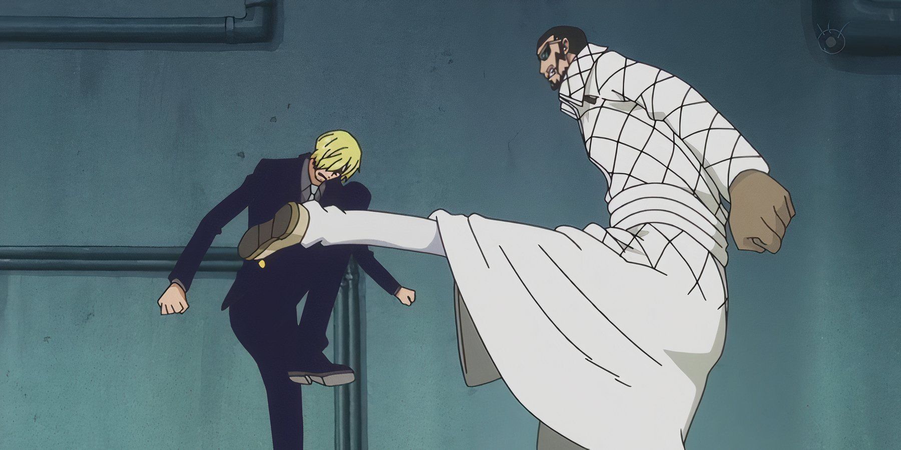 Vergo fractures Sanji's leg with a kick in One Piece.