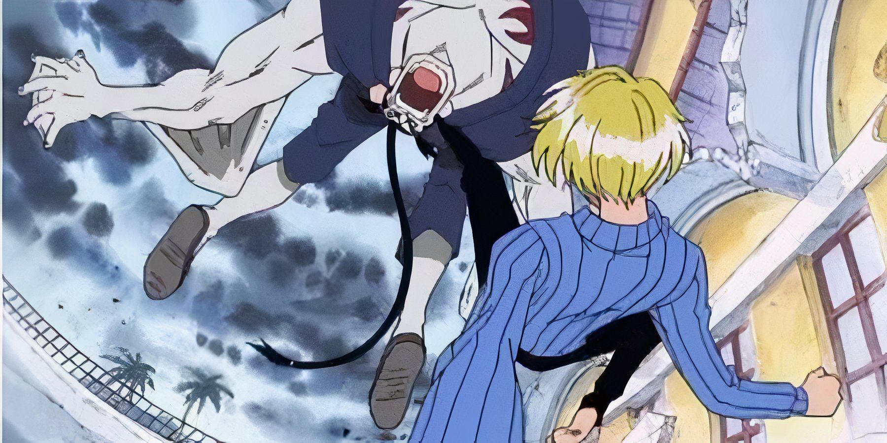 Sanji delivers a hard kick to Kuroobi's back in One Piece.