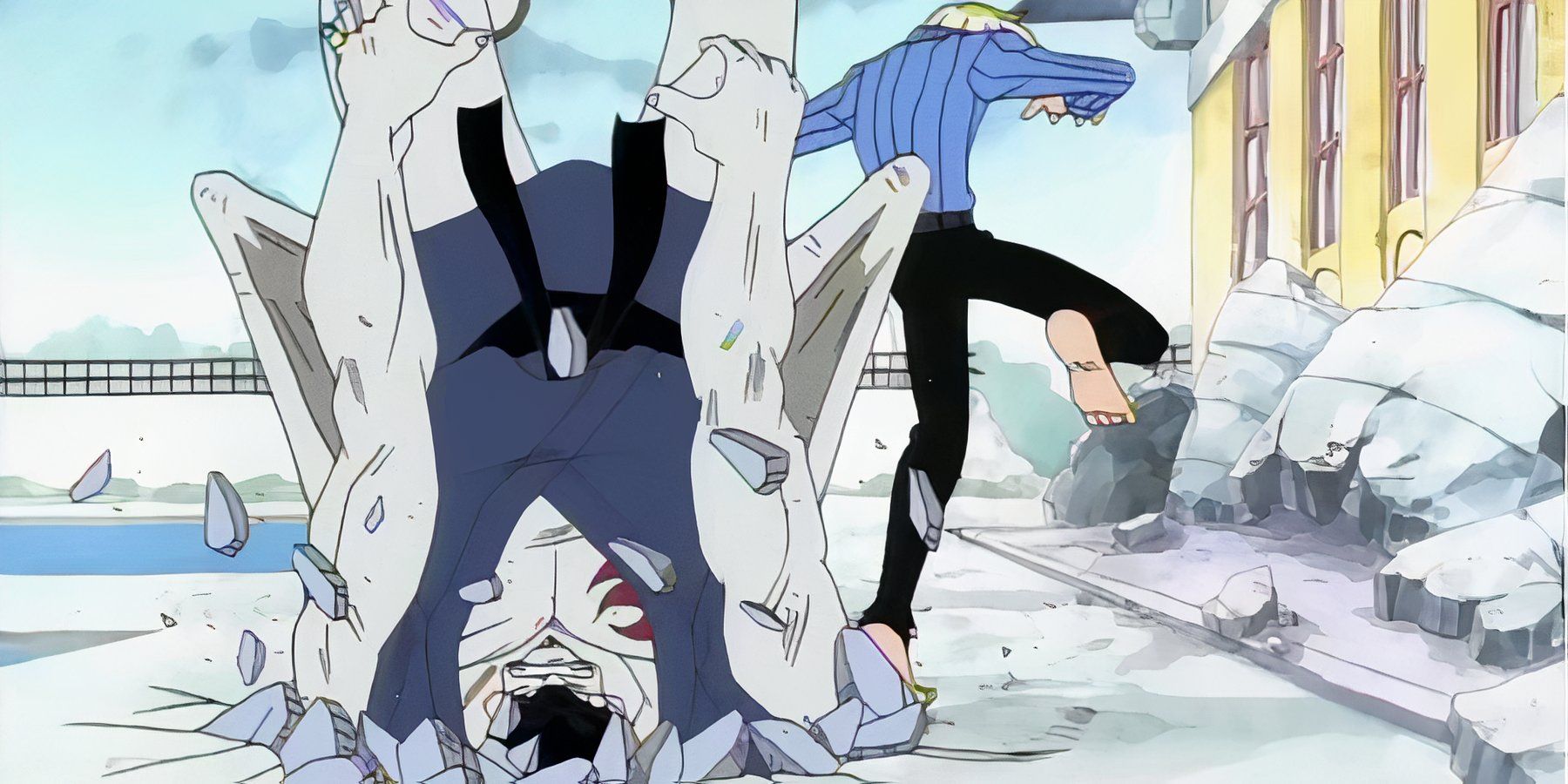 Sanji kicks Kuroobi into the ground in One Piece.