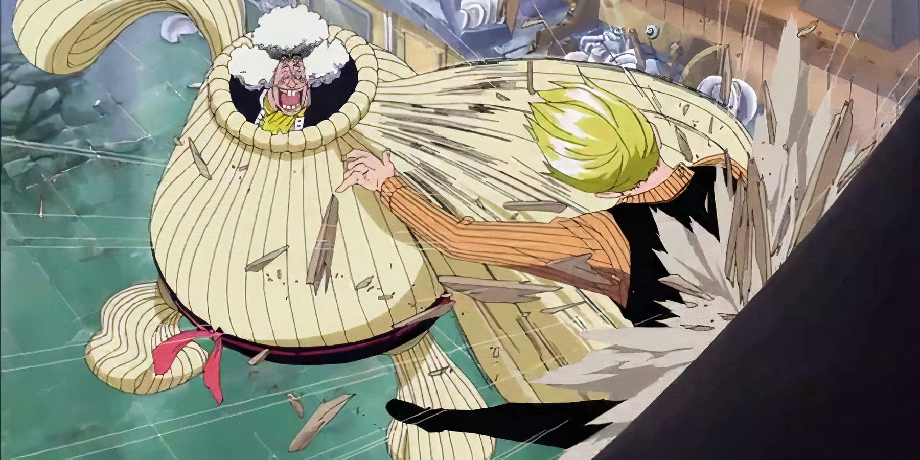 Wanze attacks Sanji with his Ramen Kenpo punch on One Piece's Sea Train.