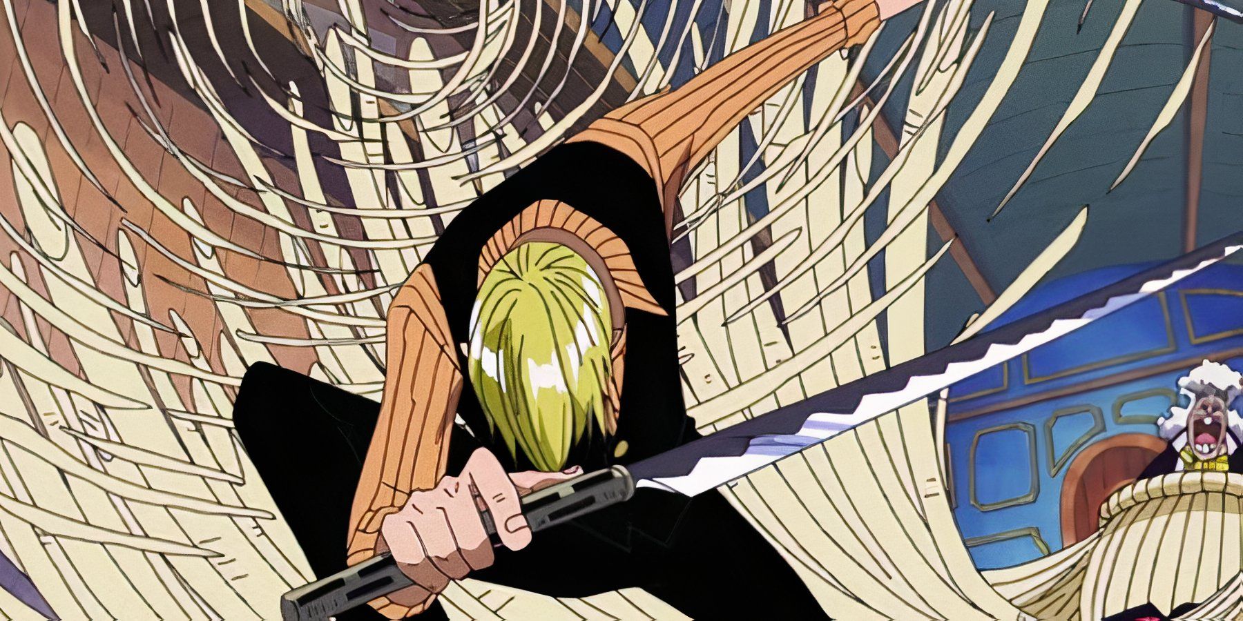 Sanji uses knives to stop Wanze's Ramen Kenpo in One Piece.