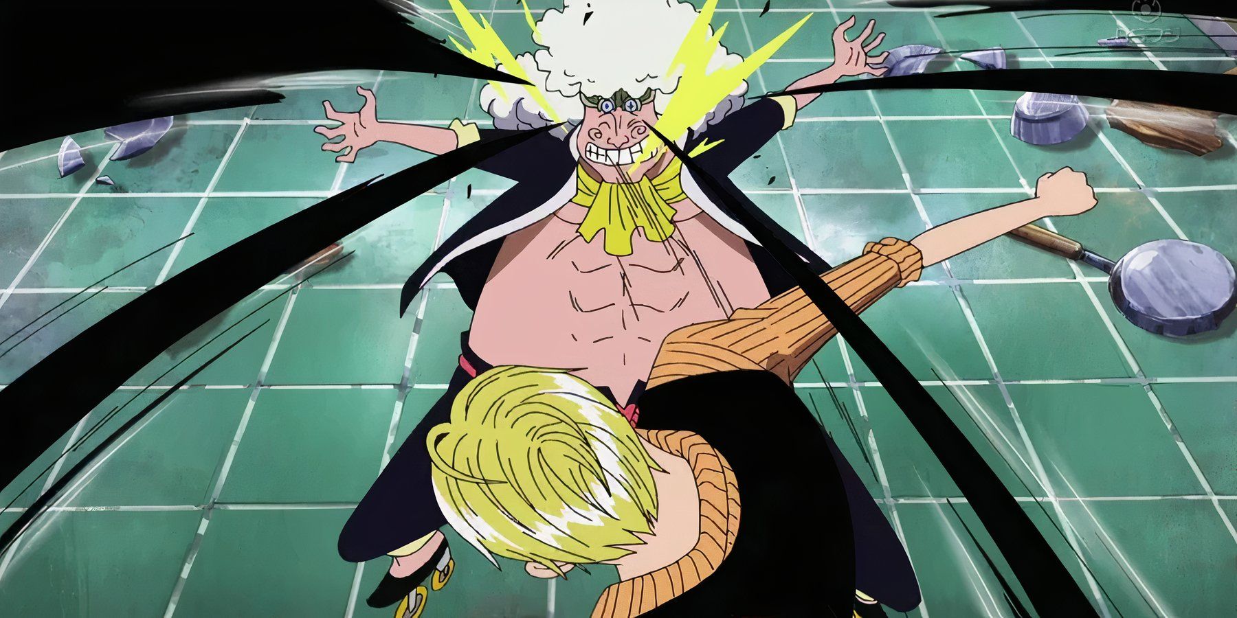 Sanji hits Wanze with a barrage of kicks in One Piece.