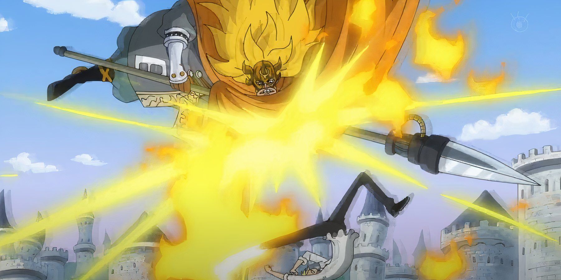 One Piece's Sanji attempts to hit Judge with his Diable Jambe in midair during their fight 