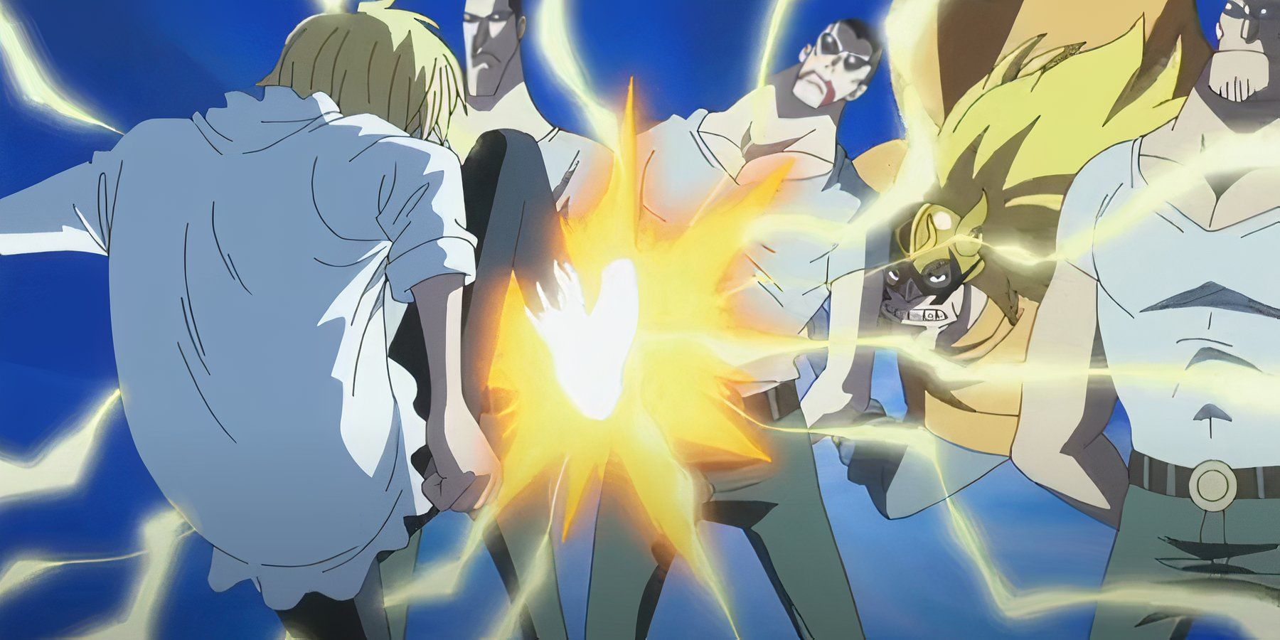 Jusge uses a human shield to help black Sanji's attack in One Piece.