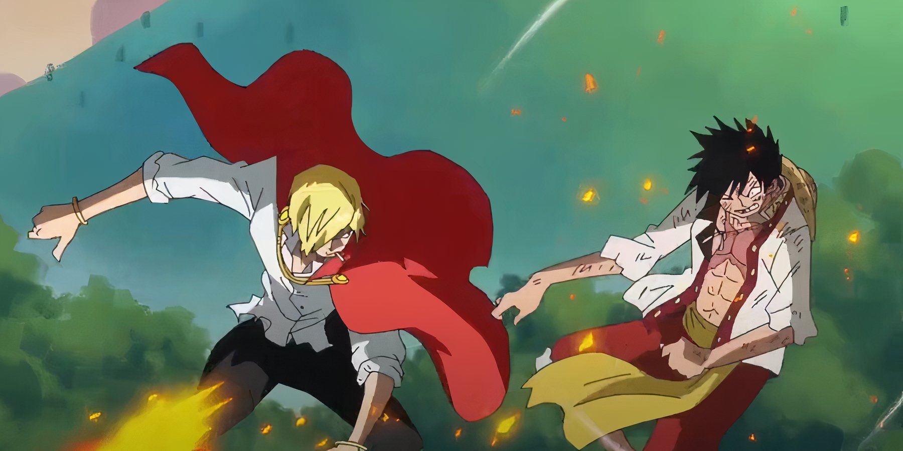 Sanji kicks Luffy multiple times with his Diable Jambe attack in One Piece.