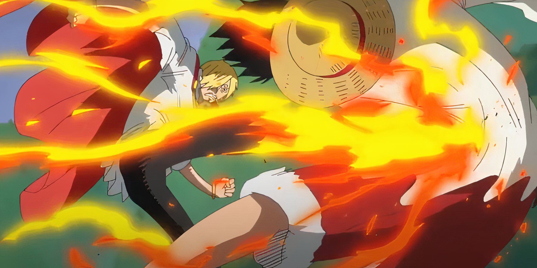 Sanji kicks Luffy in the side with his Diable Jambe attack in One Piece.