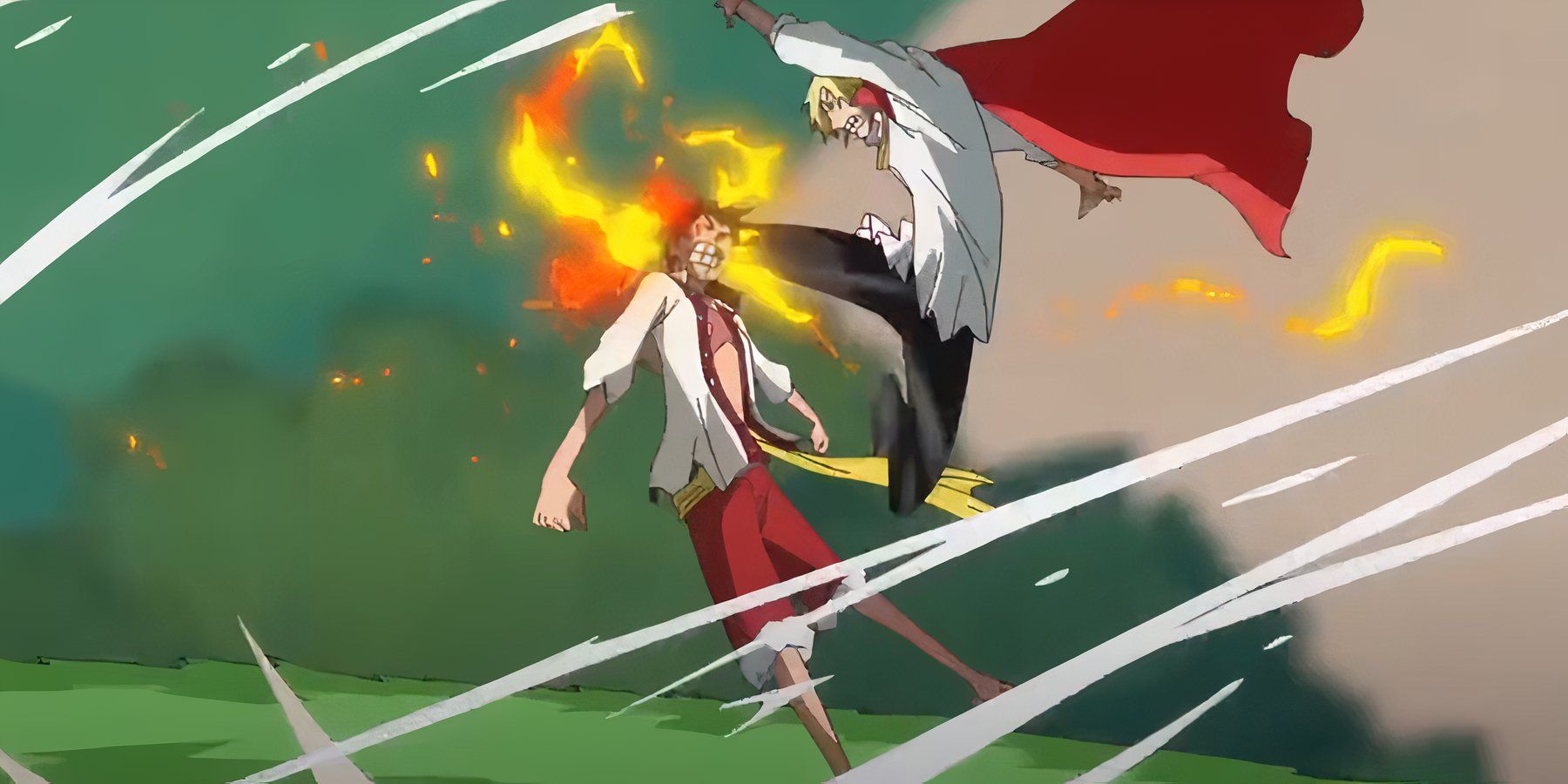 One Piece's Sanji kicks Luffy in the face with his Diable Jambe.