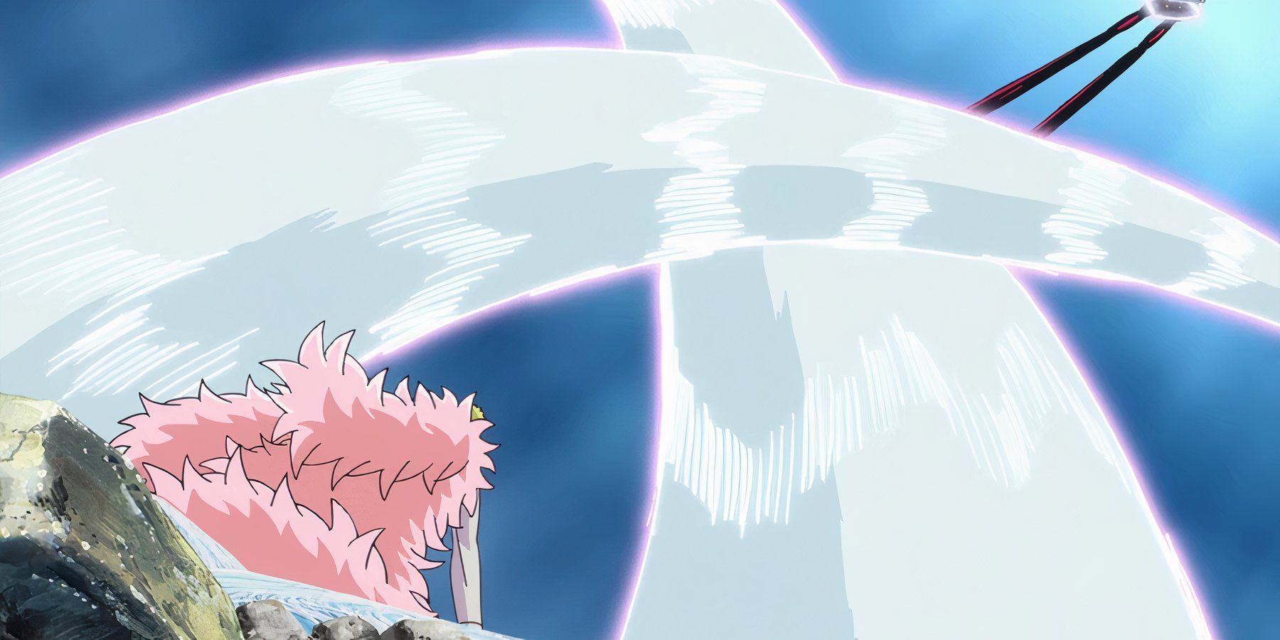 Doflamingo uses Off White to block Luffy's Gear 4 attack during their final fight in One Piece's Dressrosa Arc.