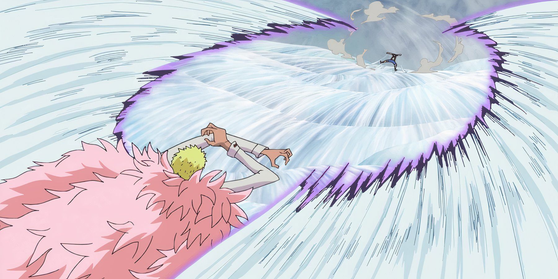 Doflamingo uses Flap Thread to attack Luffy during their final fight in One Piece's Dressrosa Arc.