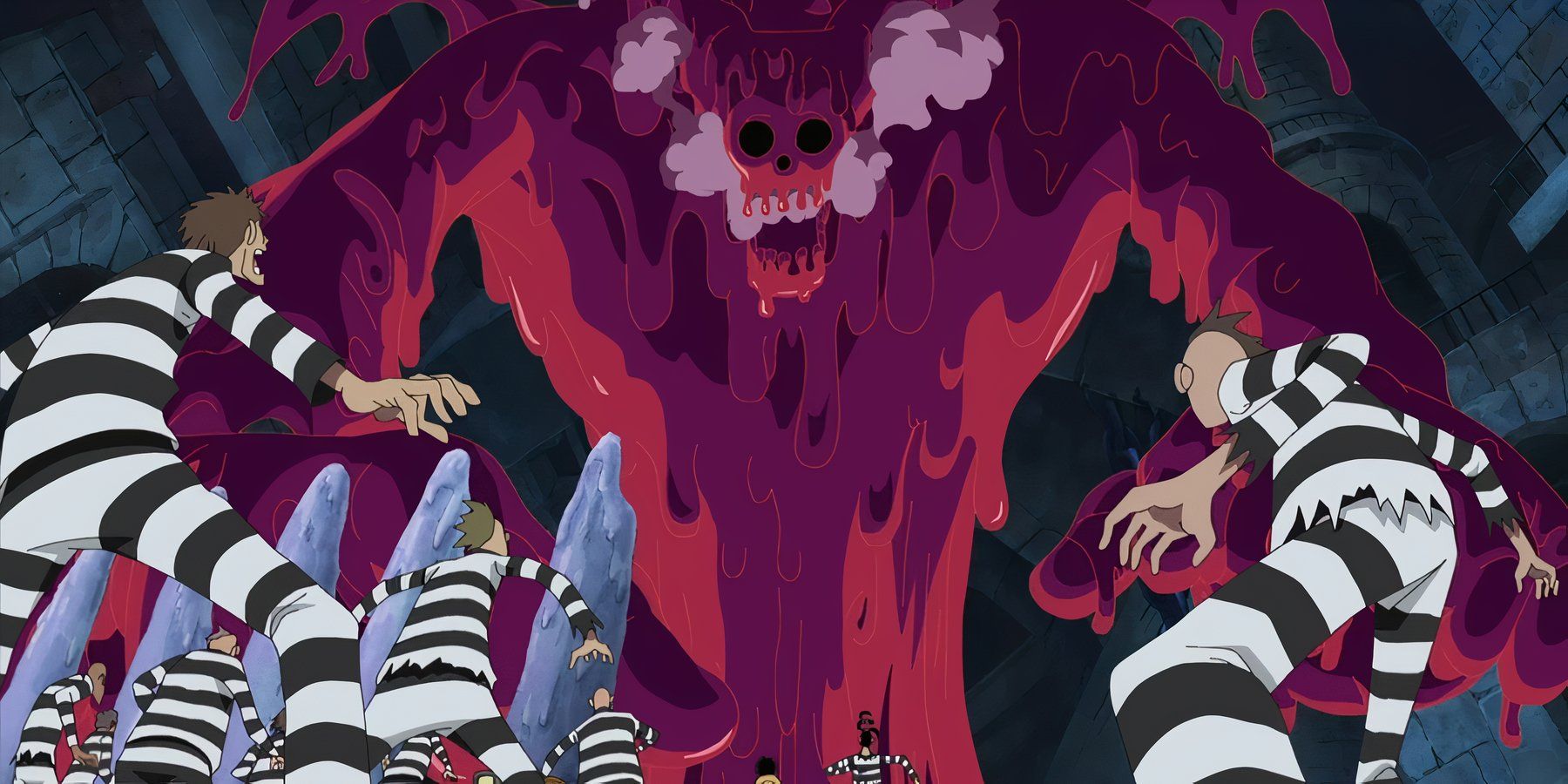 One Piece's Magellan uses Venom Demon! Hell's Judgment against Luffy and other Impel Down prisoners.