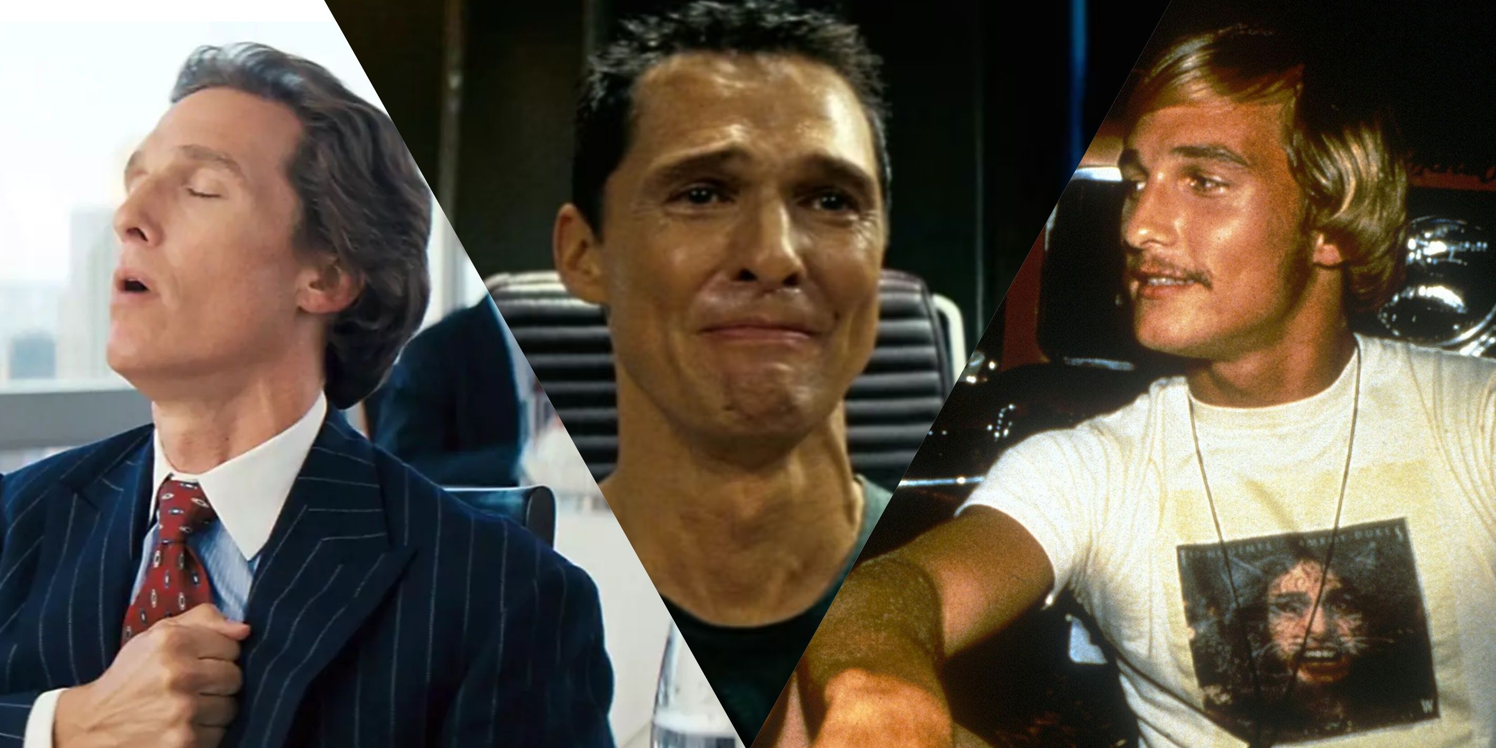 matthew mcconaughey in his roles from The Wolf of Wall Street, Interstellar, and Dazed and Confused