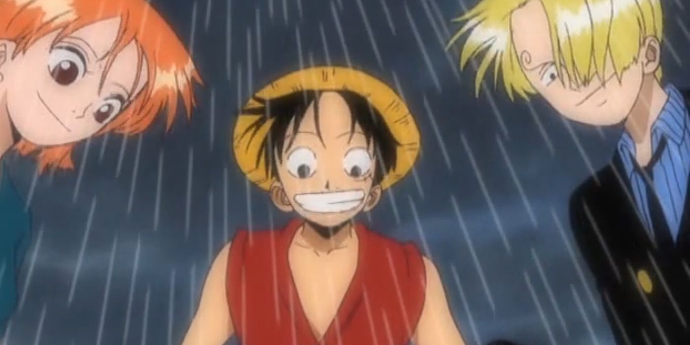 Nami, Luffy e Sanji ficam lado a lado na chuva.