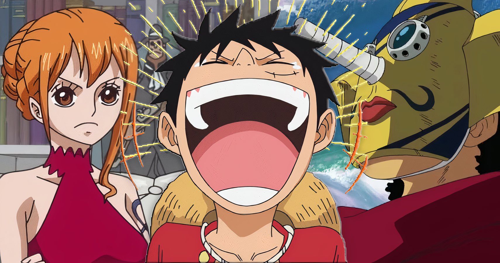Nami, Luffy laughing, and the Sniper King from One Piece