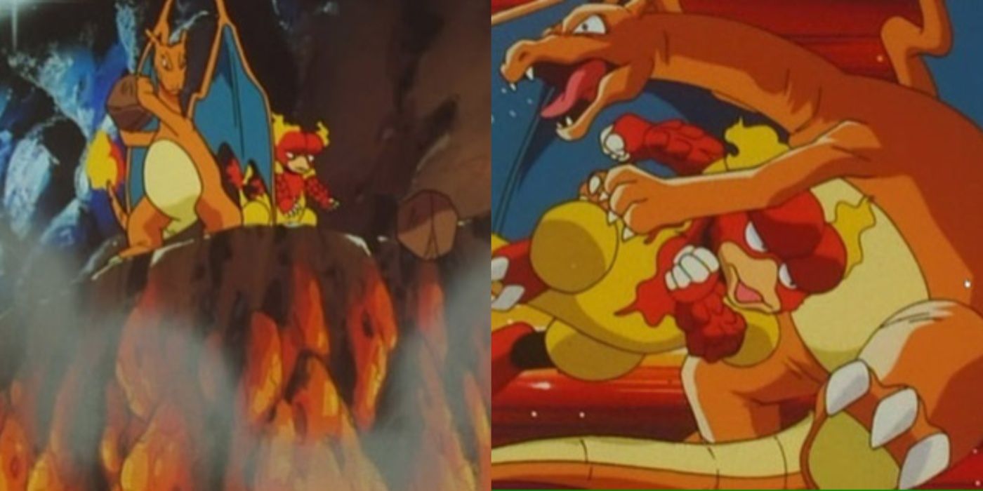 Imagem dividida de Charizard e Magmar trabalhando juntos para represar um vulcão e lutando no anime Pokémon.