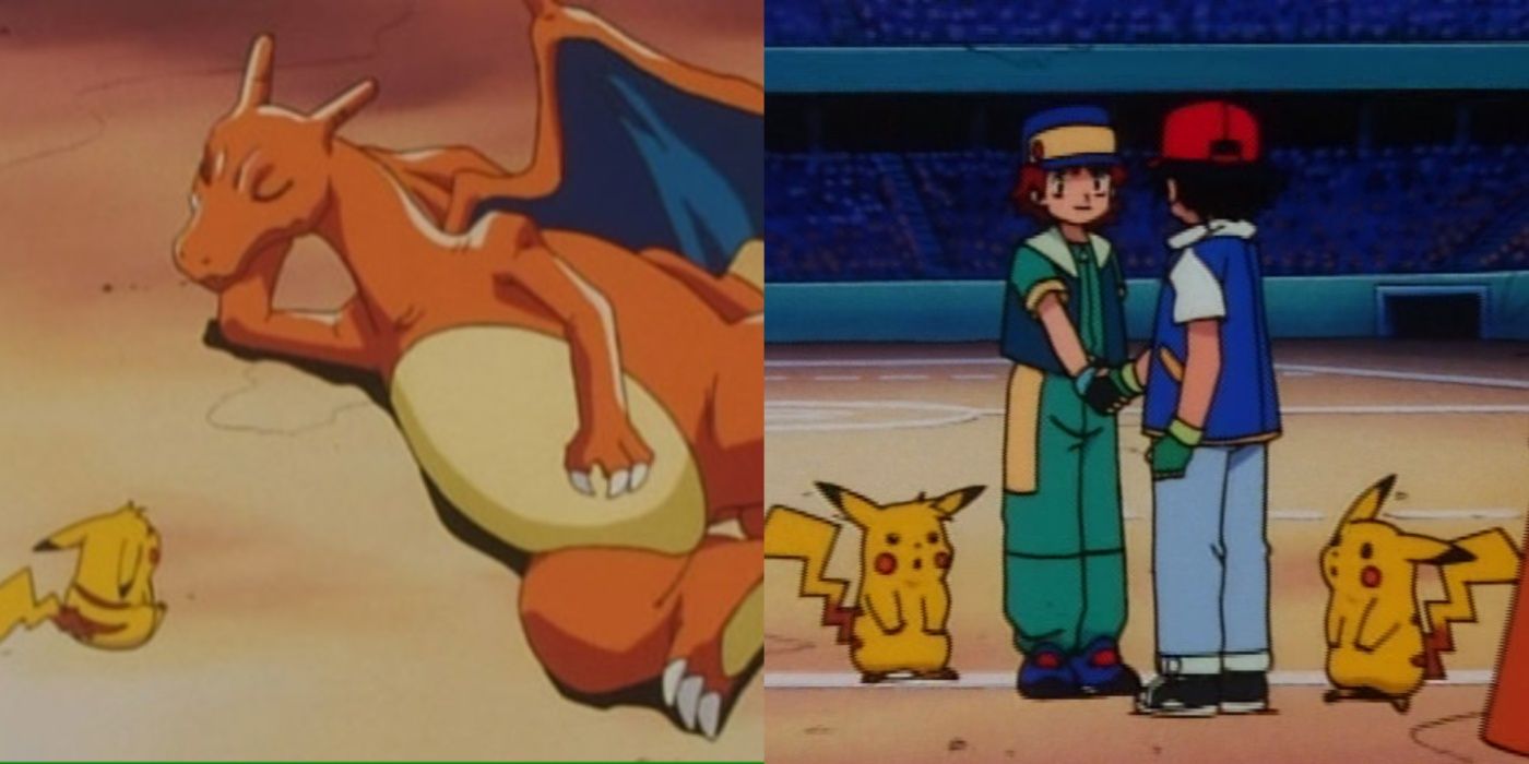 Imagem dividida de Charizard cochilando em uma batalha com o Pikachu de Ritchie e Ask apertando a mão de Ritchie.