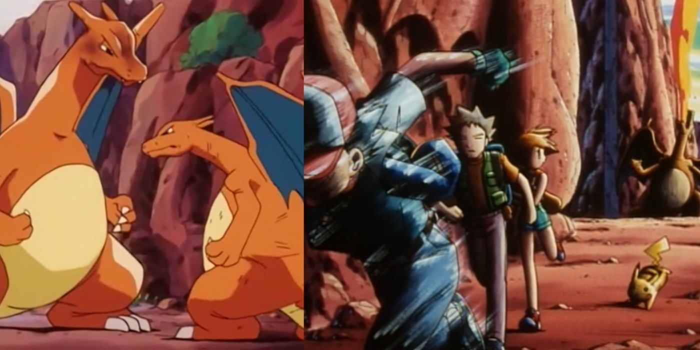 Imagem dividida do Charizard de Ash enfrentando um maior no Vale e Ash deixando-o para encorajar seu treinamento.