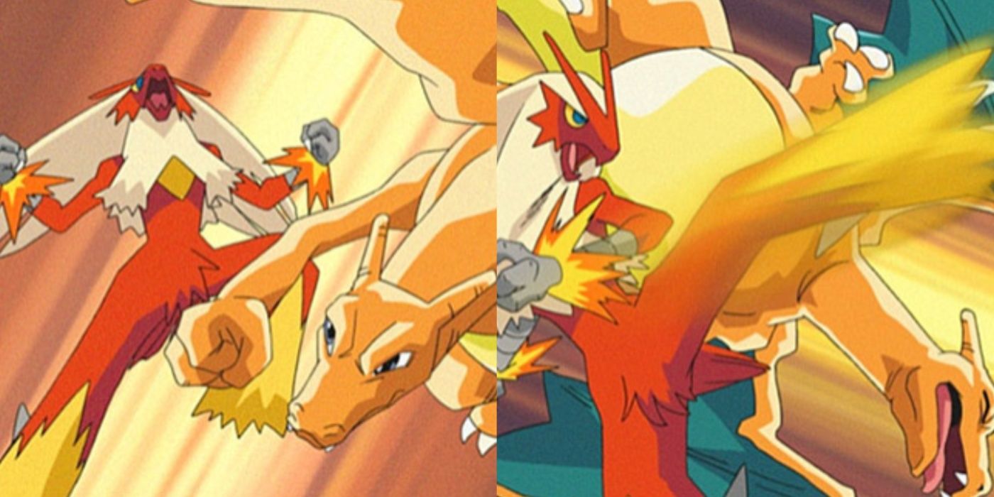 Imagem dividida de Blaziken e Charizard trocando golpes em Pokémon: The Johto Journeys.