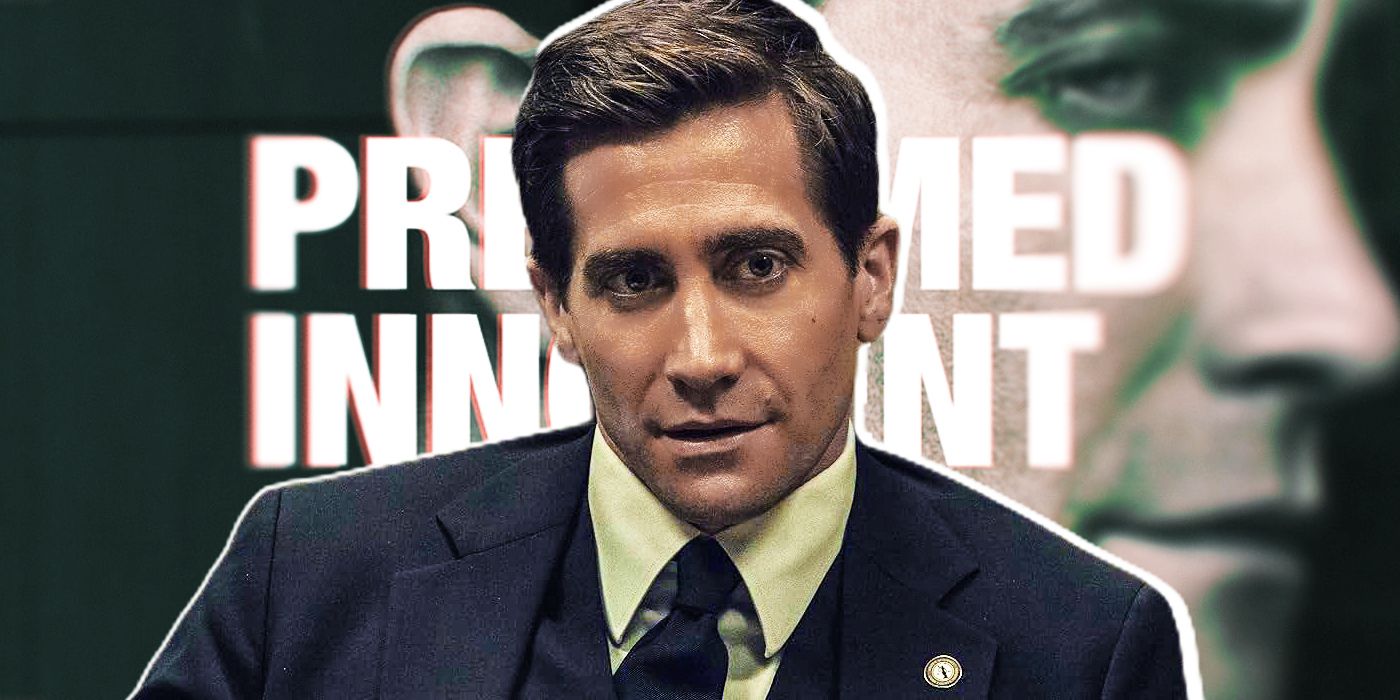 Rusty Sabich (actor Jake Gyllenhaal) in a suit in front of Presumed Innocent key art