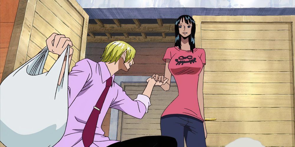 Robin está vestindo uma camiseta Galley La enquanto Sanji está ajoelhado na frente dela em One Piece.