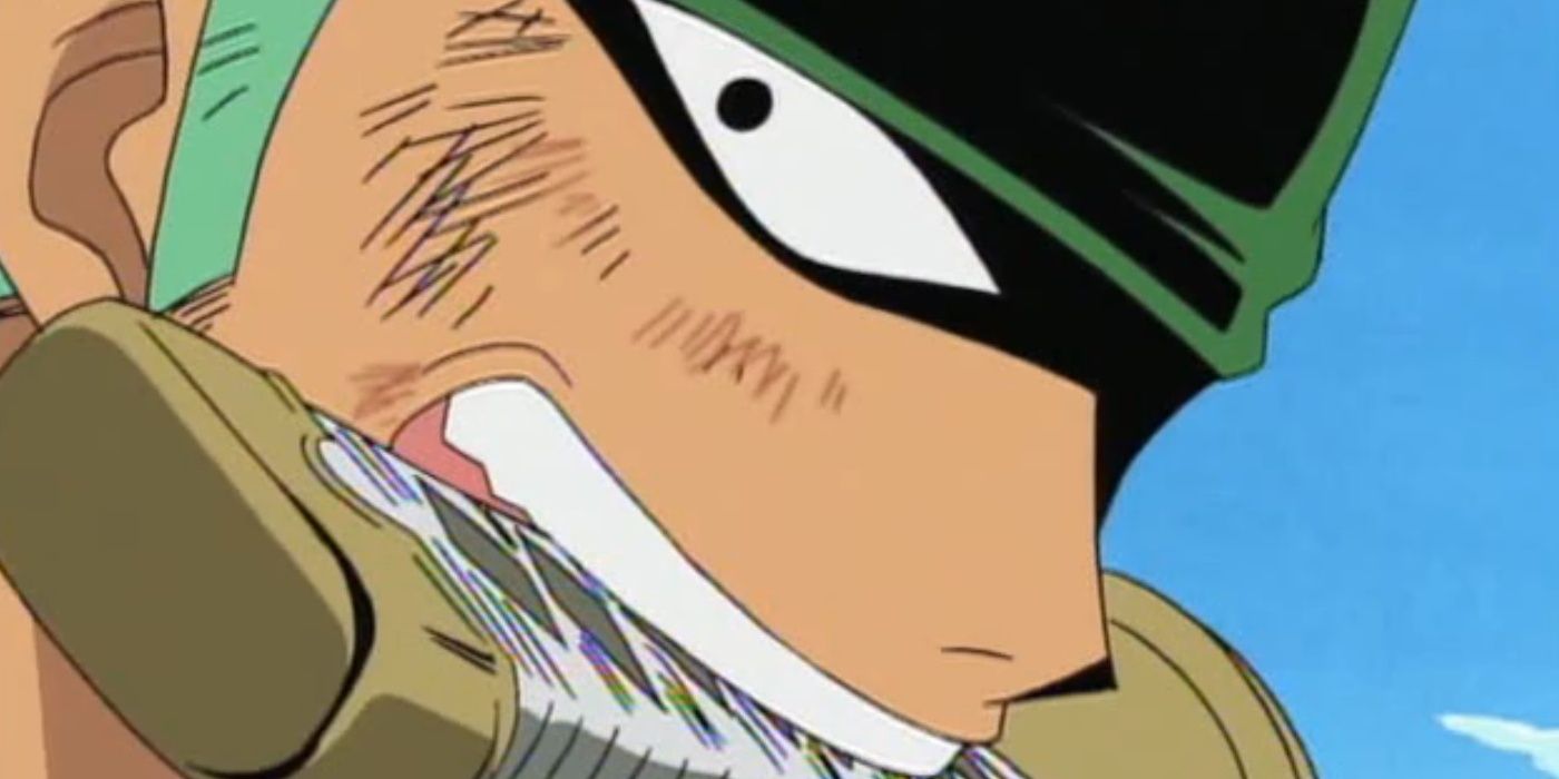 Roronoa Zoro segura uma espada na boca no anime One Piece