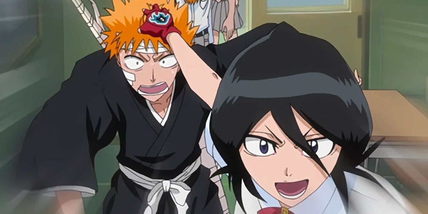 Rukia arrasta Ichigo pelo ar na escola.