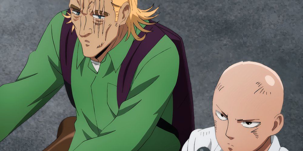 Saitama y King caminan juntos en un hombre de golpe mientras hablan de la forma en que la fuerza de Saitama provoca su aburrimiento.