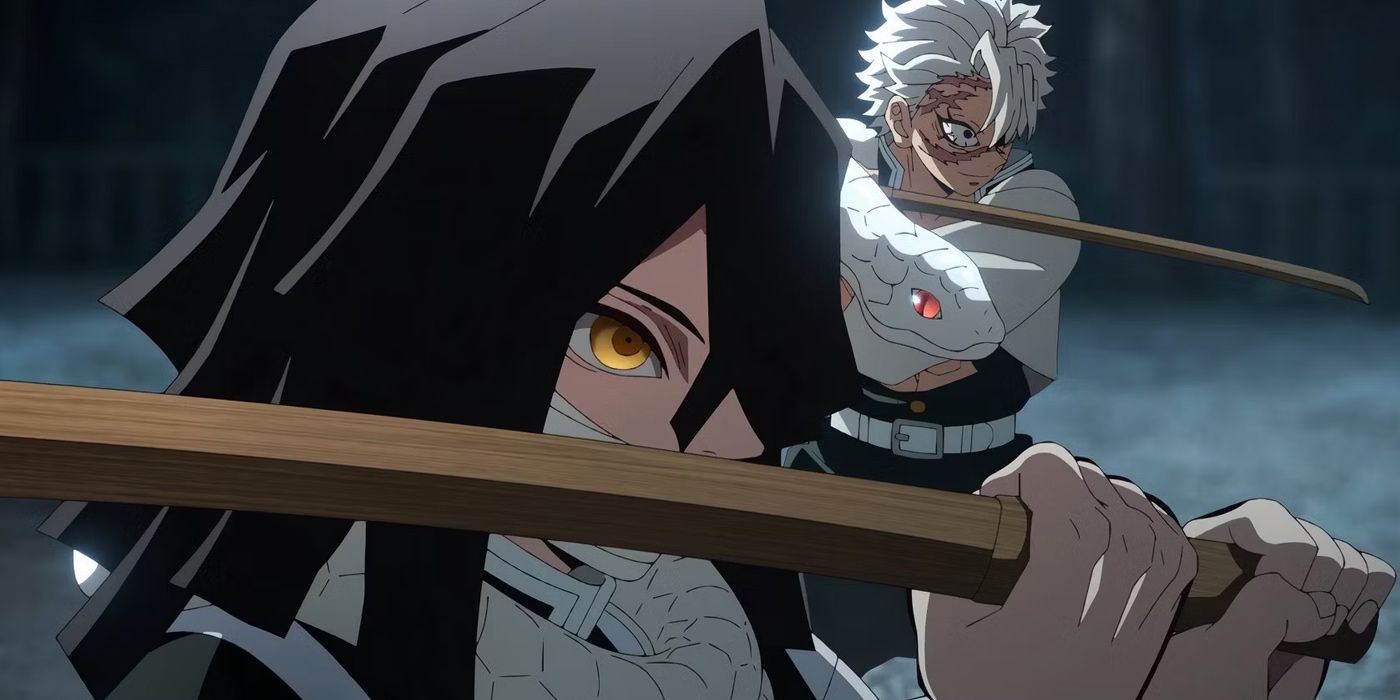 Sanemi and Obanai draw wooden swords in Demon Slayer