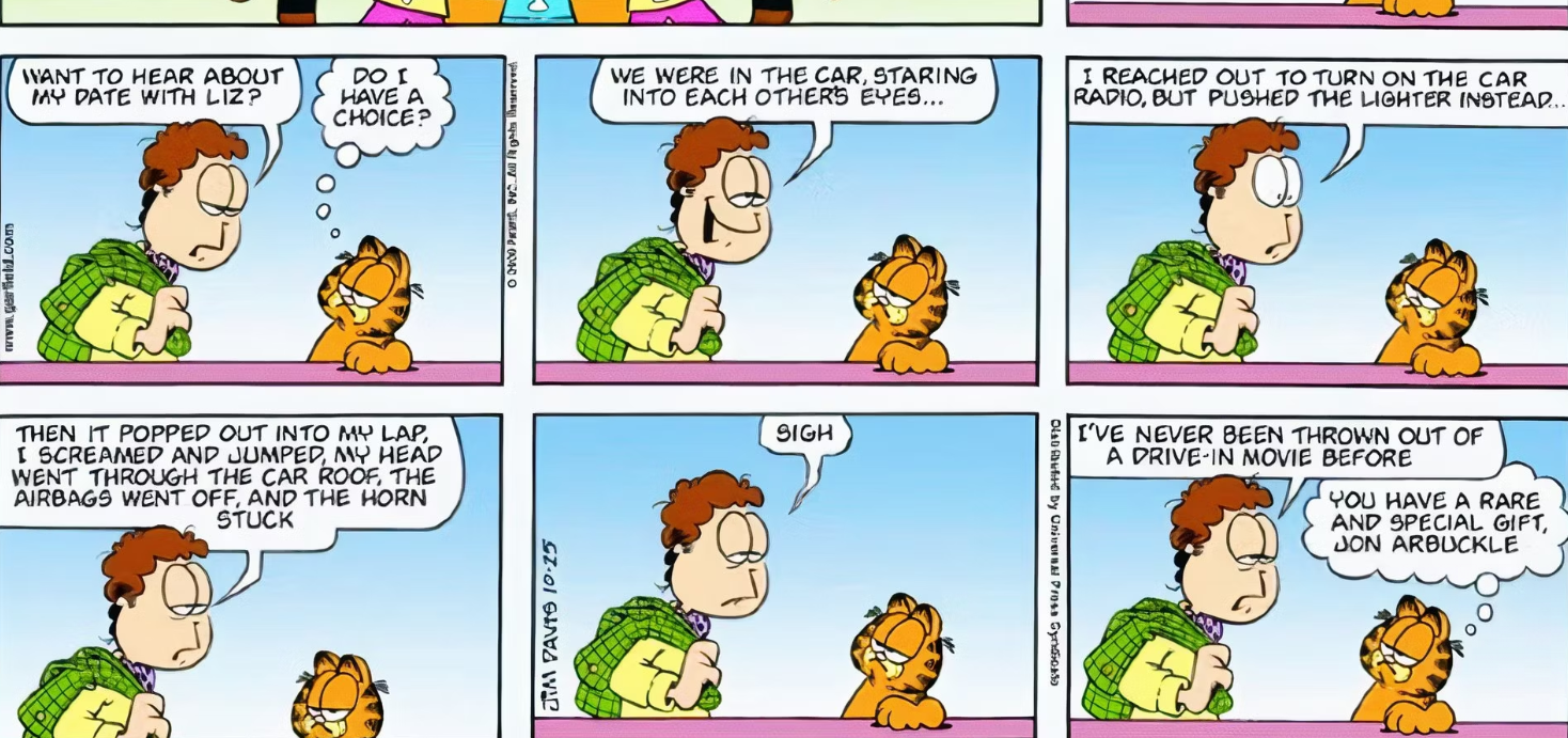 Jon conta a Garfield sobre seu encontro desastroso com Liz no cinema drive-in.