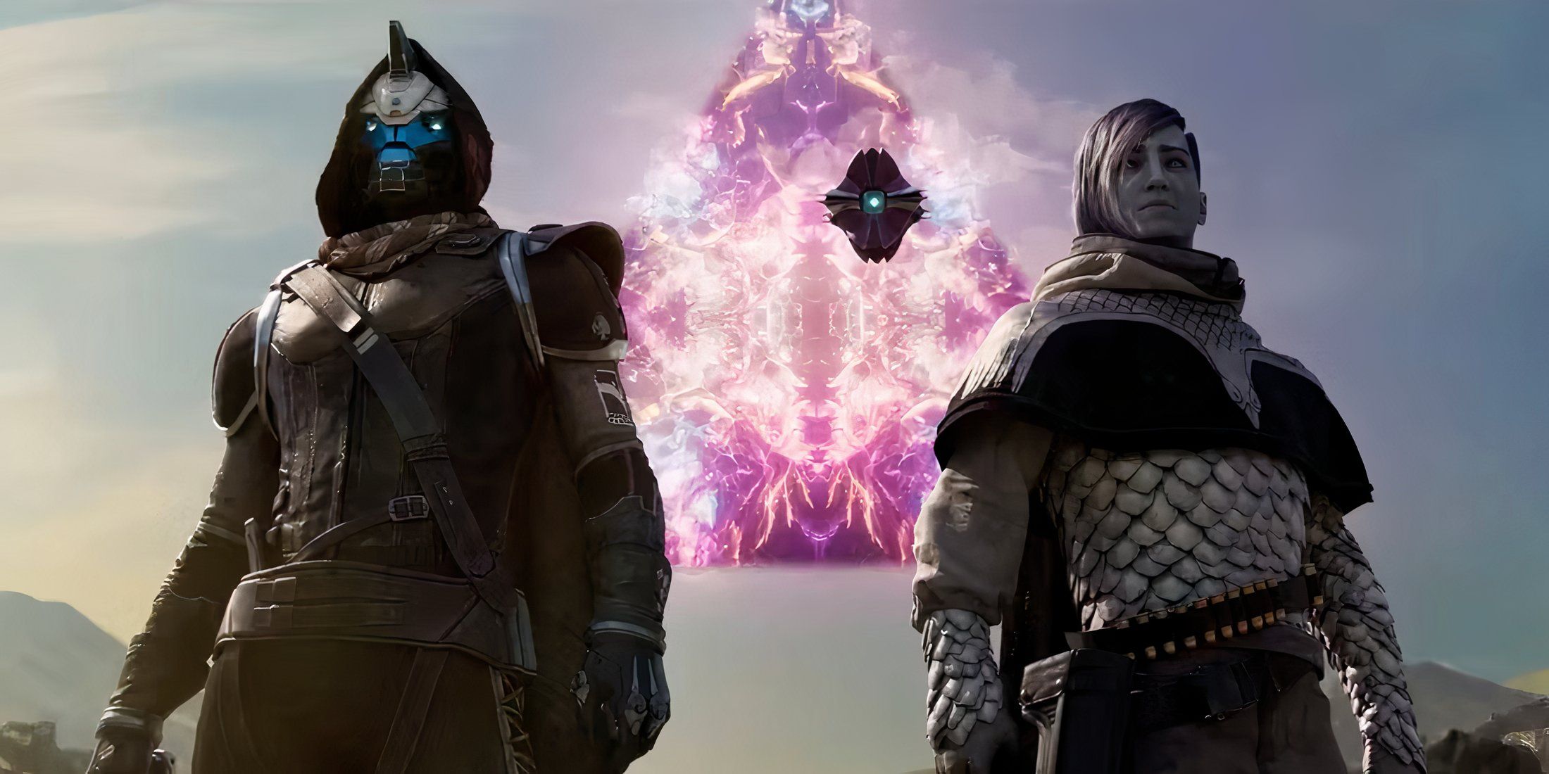 Cayde, Crow e Glint ficam lado a lado dentro do Viajante