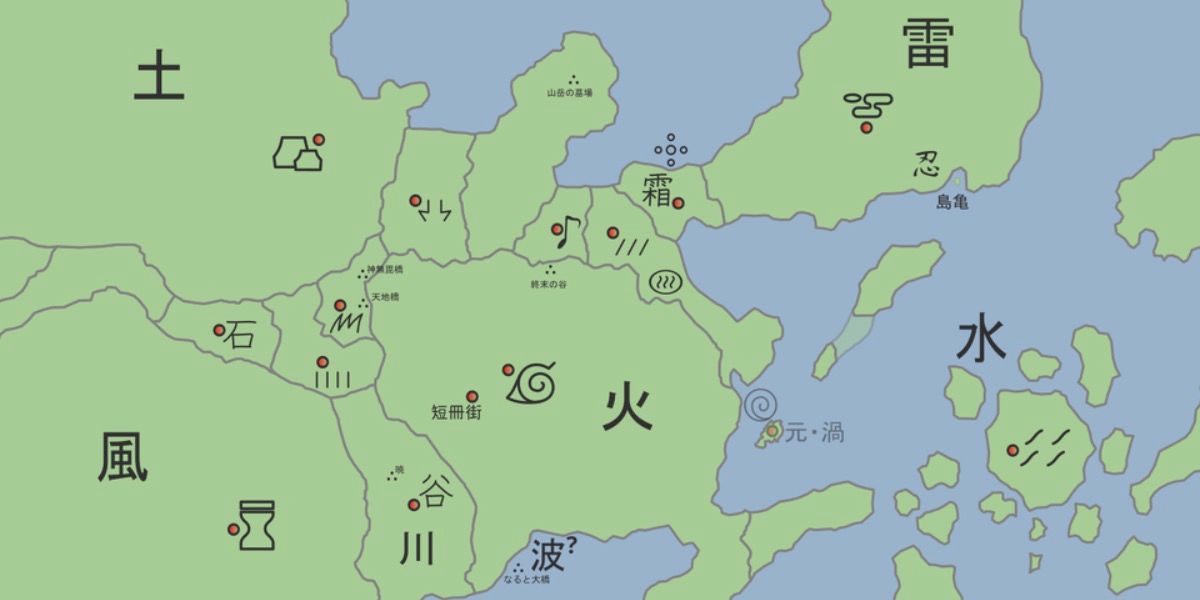 Un mapa del mundo de Naruto que muestra las cinco grandes naciones Shinobi.