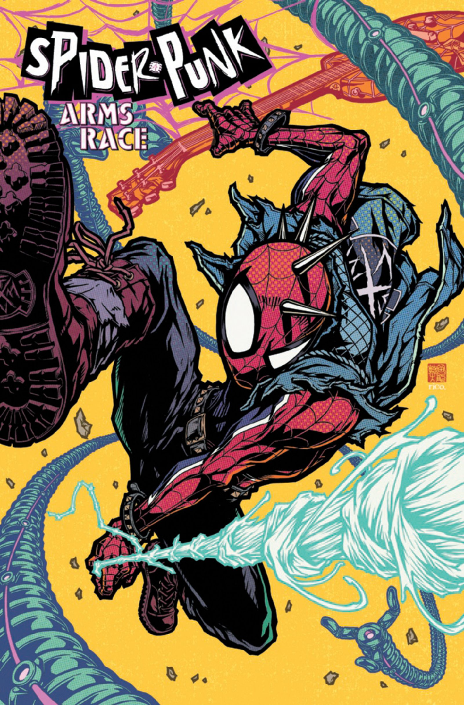 Hobie Brown aka Spider-Punk swings through the air as Doc Ock's tentacles rush past