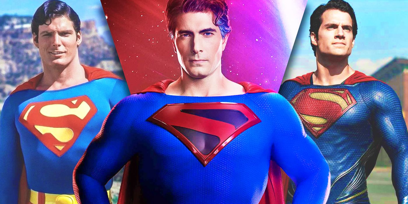 Split Images of Christopher Reeve, Brandon Routh, and Henry Cavill Superman