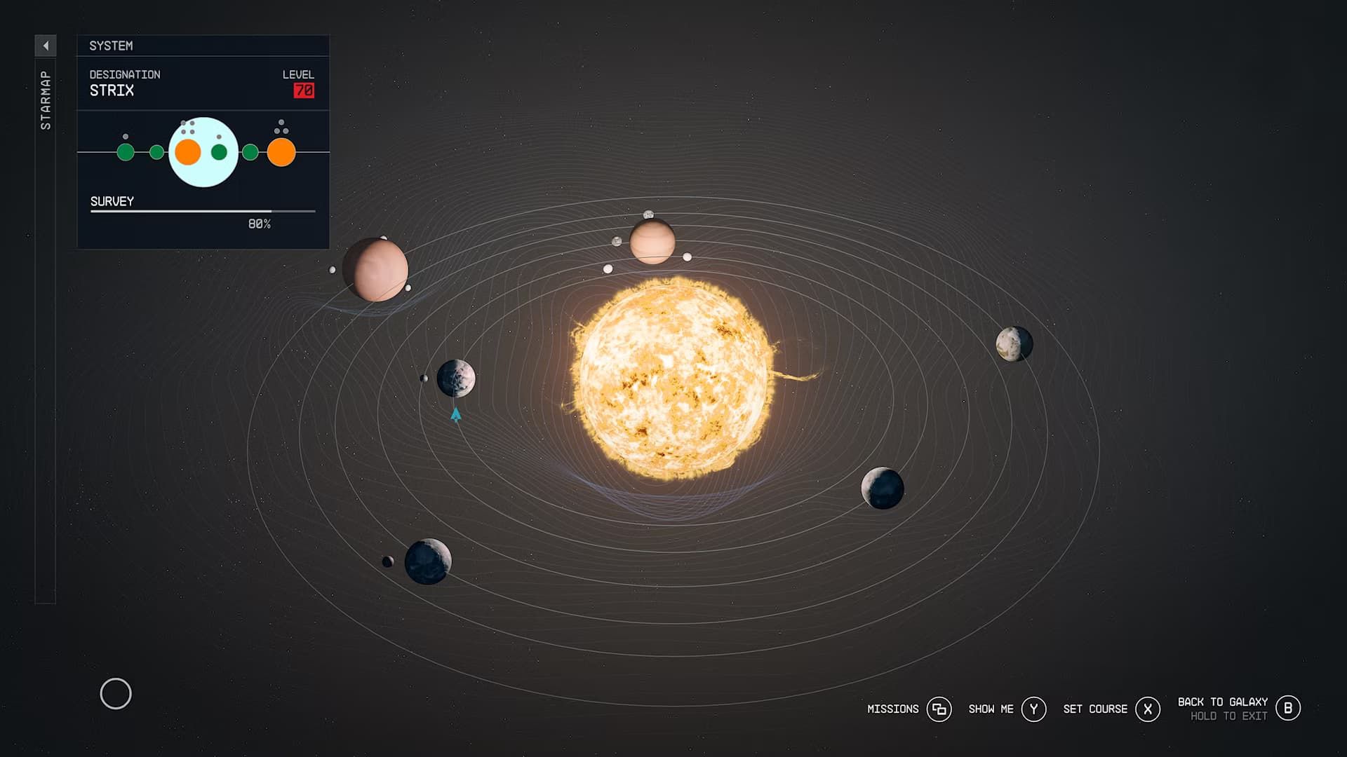 Uma captura de tela do Starfield mostra o menu do sistema solar Strix