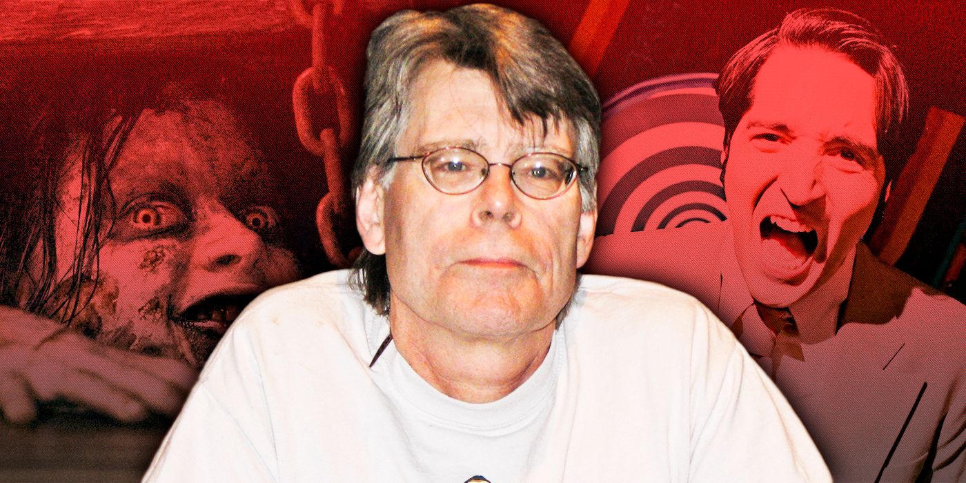 Stephen King in the center with images from Late Night With the Devil and Evil Dead behind him