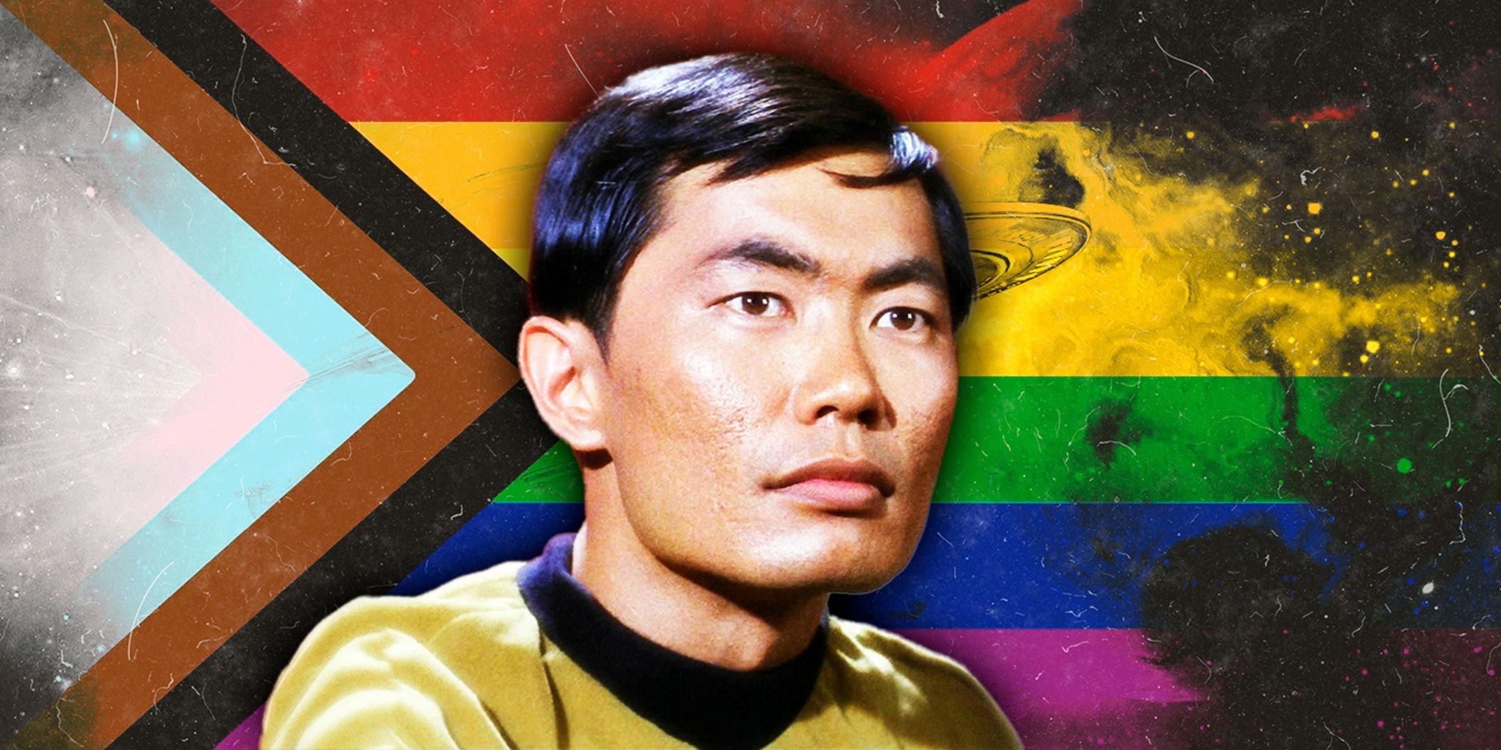 Sulo from Star Trek in front of a gay pride flag