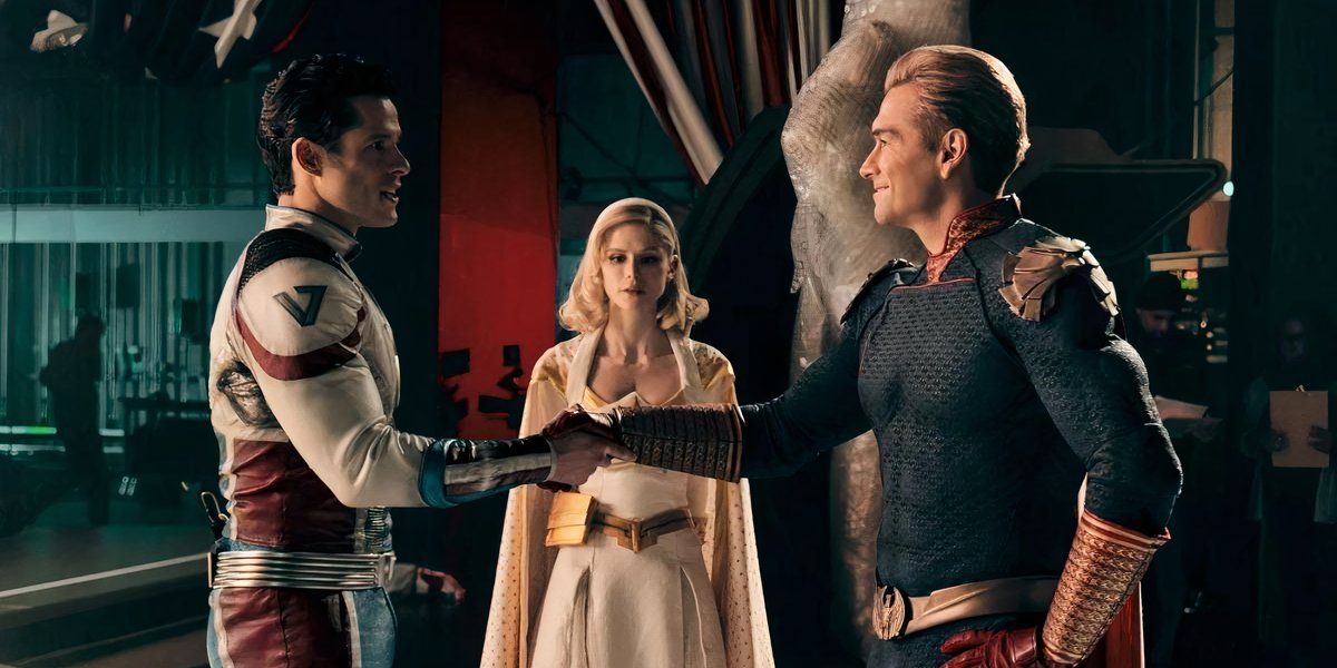 Starlight watches as Supersonic shakes Homelander's hand in The Boys