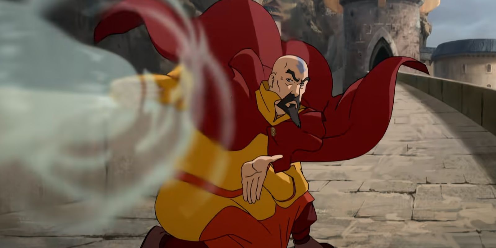 Tenzin fires a blast of air in The Legend of Korra.