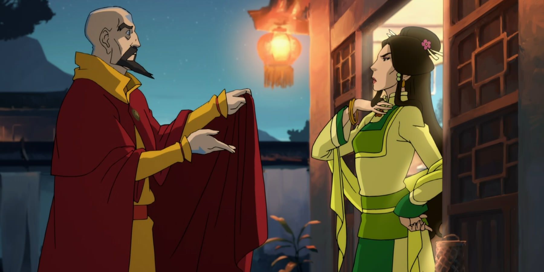 Tenzin habla con una mujer bien vestida del Reino Tierra.