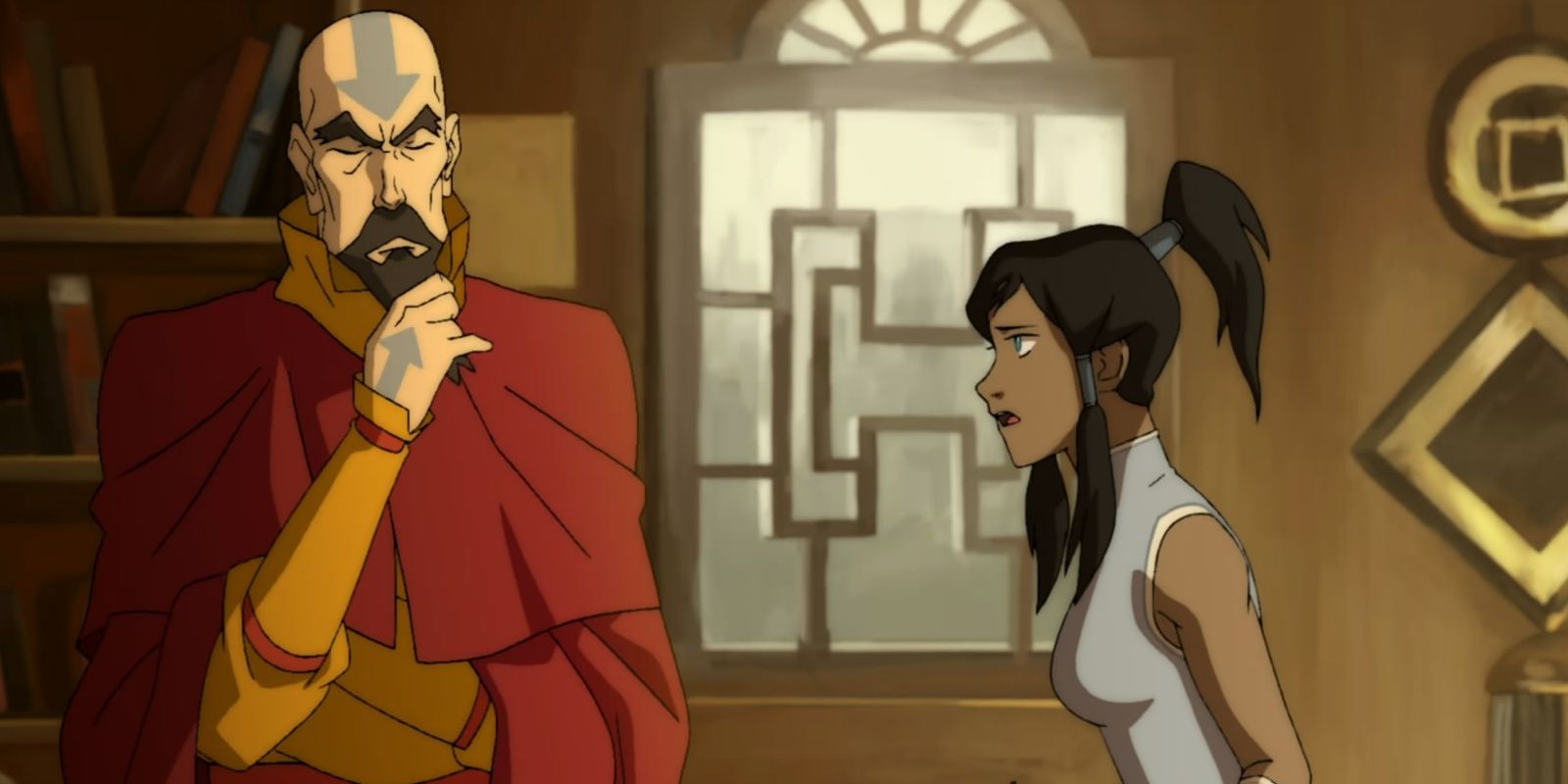 Tenzin thinks with his eyes closed while Korra talks.