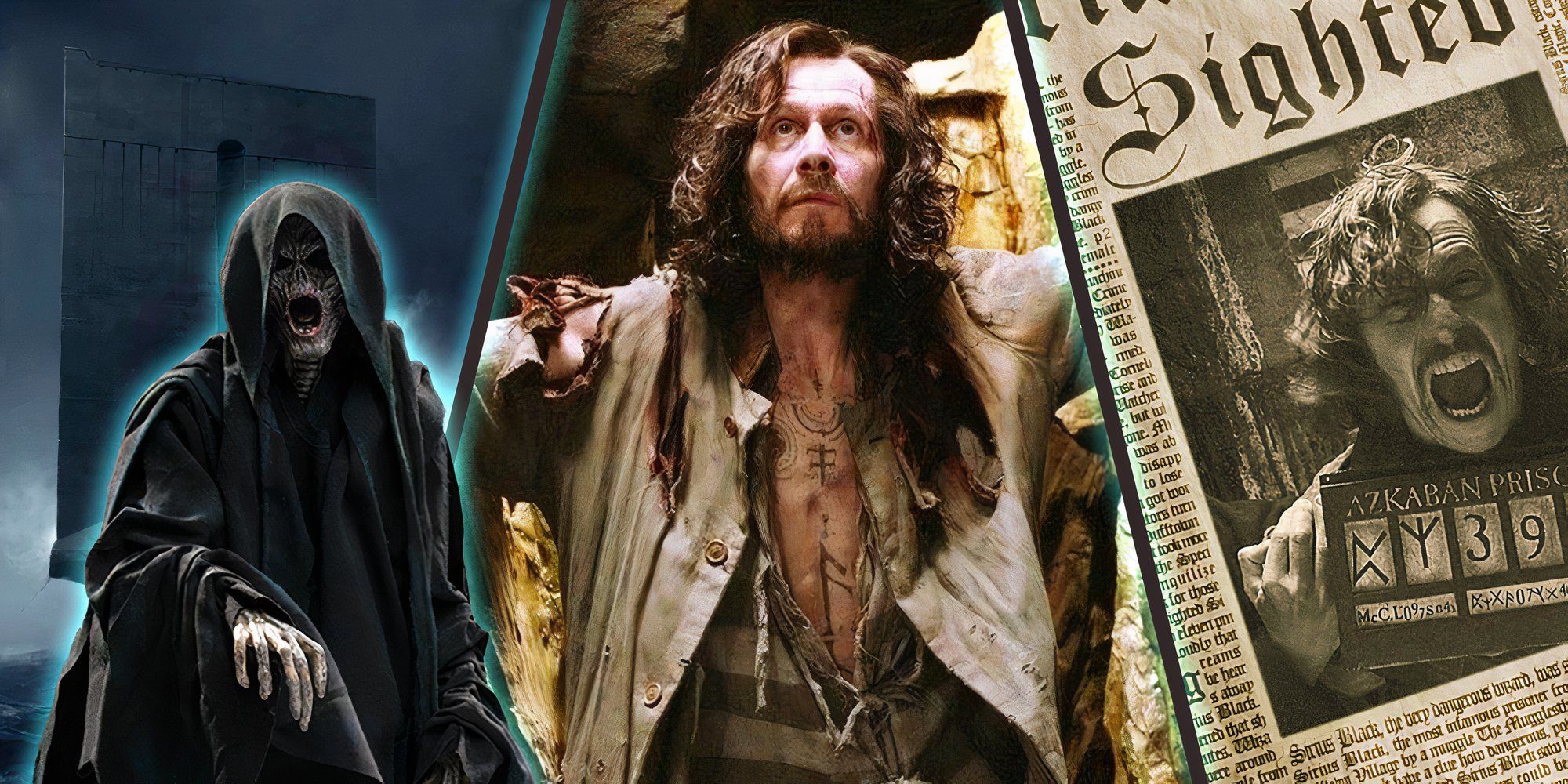 Three-way split image with Azkaban prison, Sirius Black and The Daily Prophet with a Dementor 