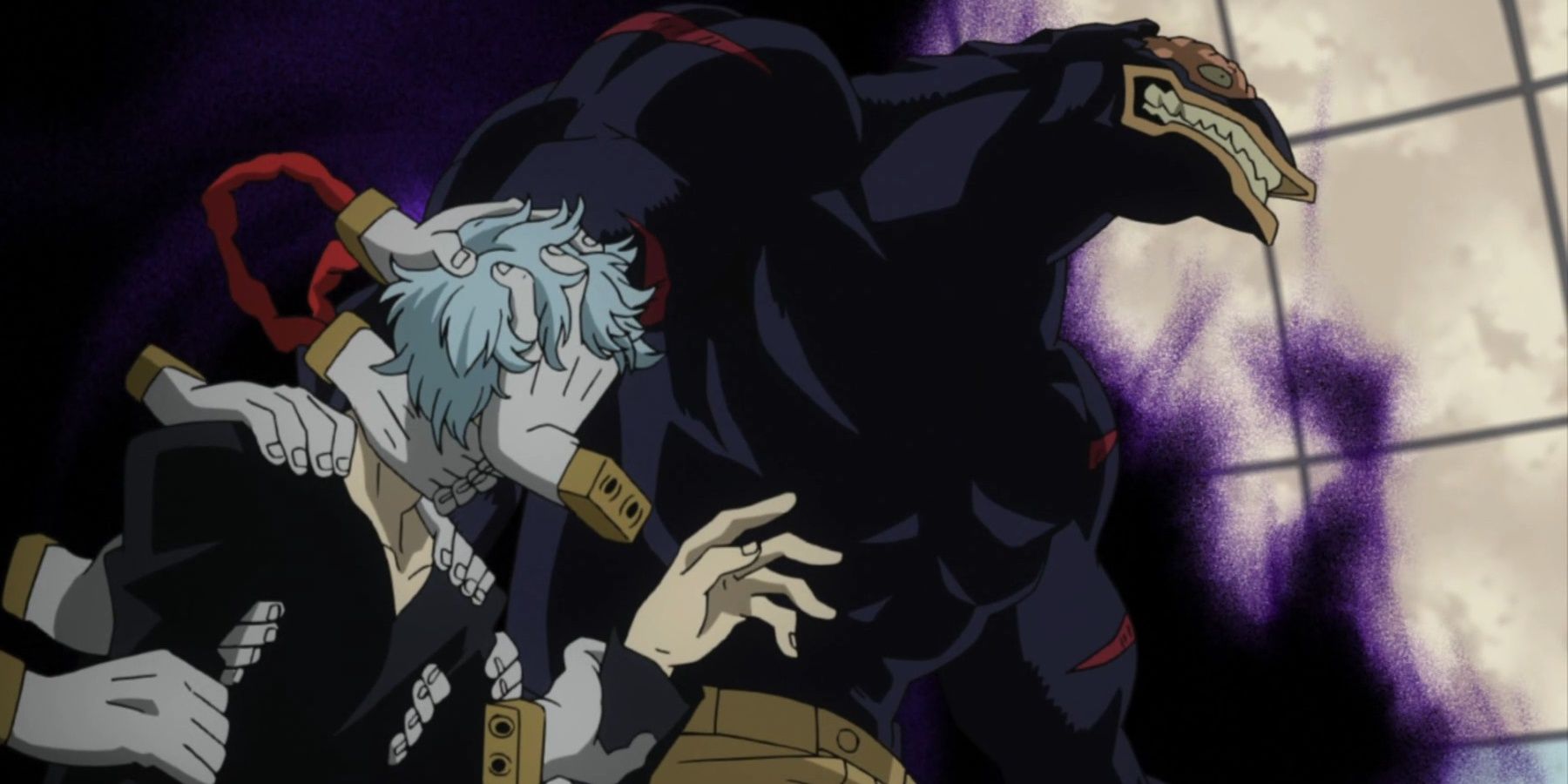 tomura Shigaraki emerge de um portal de dobra com um nomu.