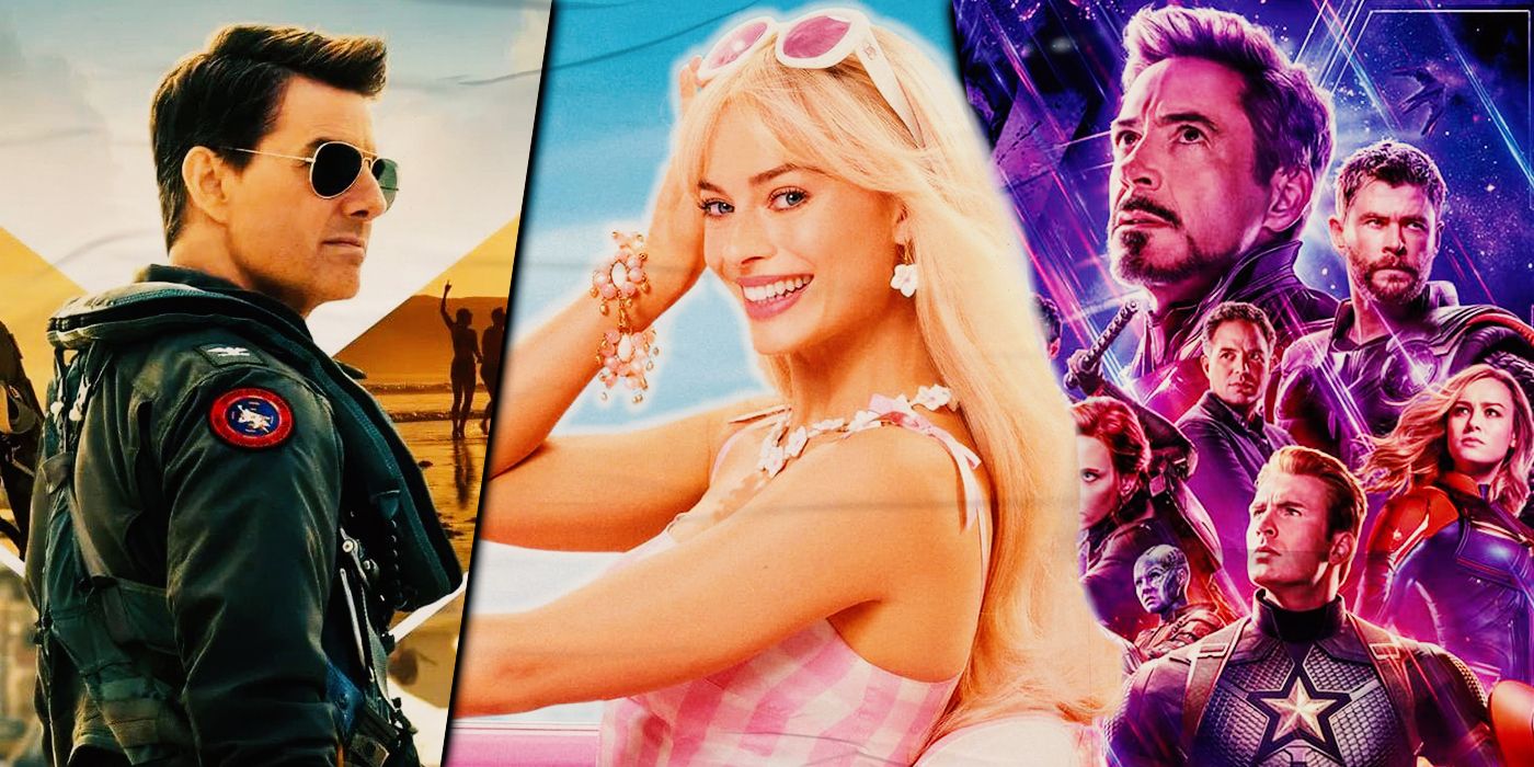 Split image of posters for Top Gun: Maverick, Barbie, and Avengers: Endgame.