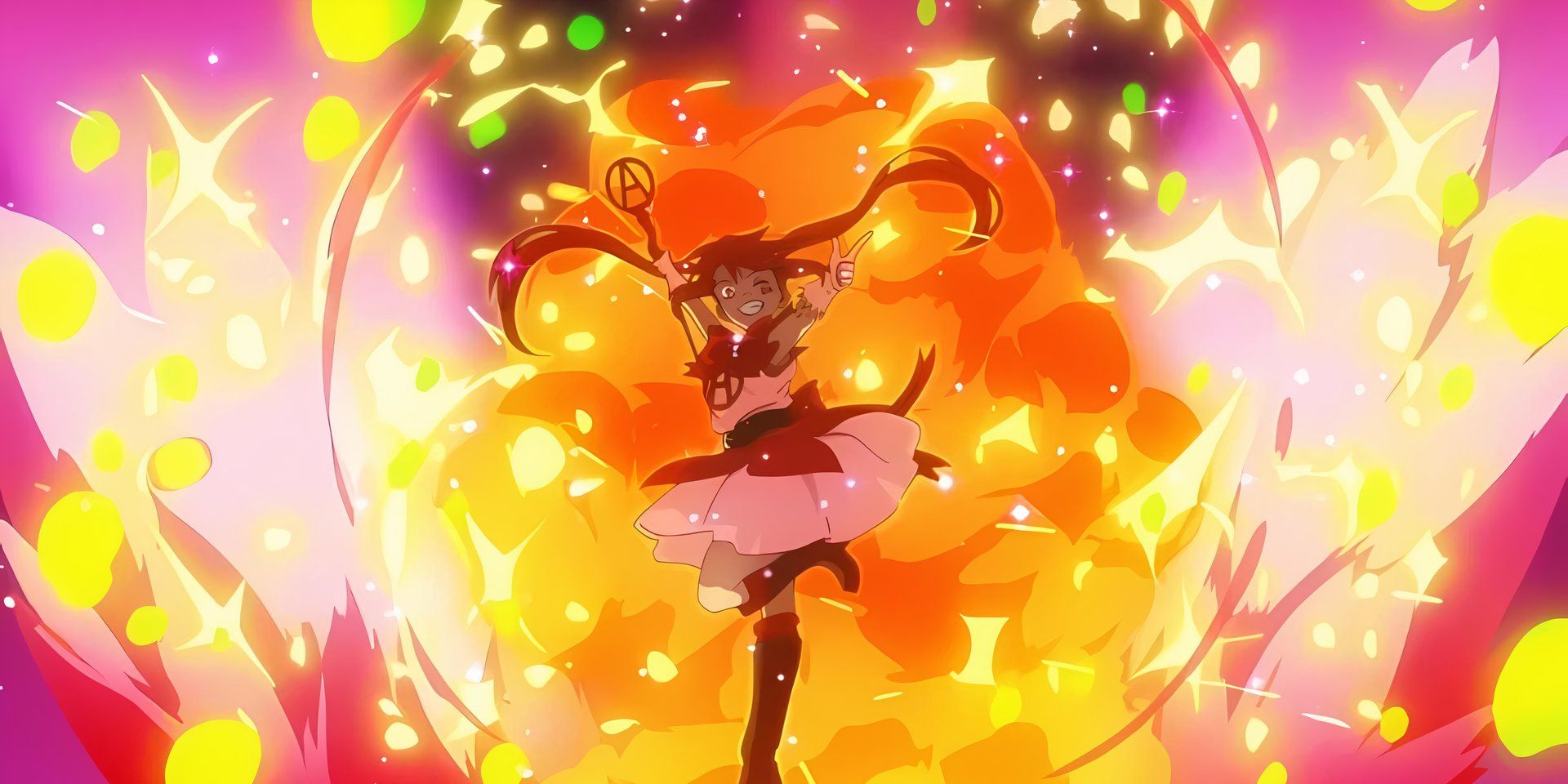 Anarchy after her transformation with an explosion behind her in magic destroyers