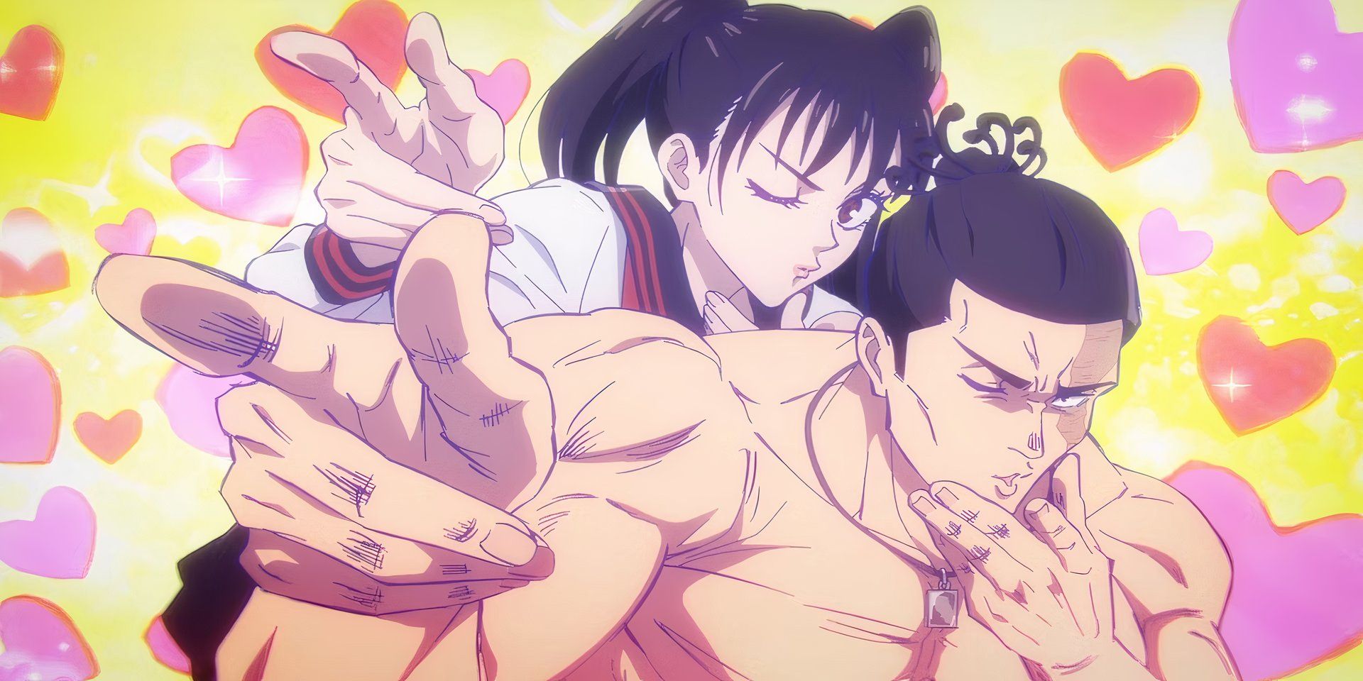 Aoi e Nobuko posando juntos com corações ao seu redor em Jujutsu Kaisen