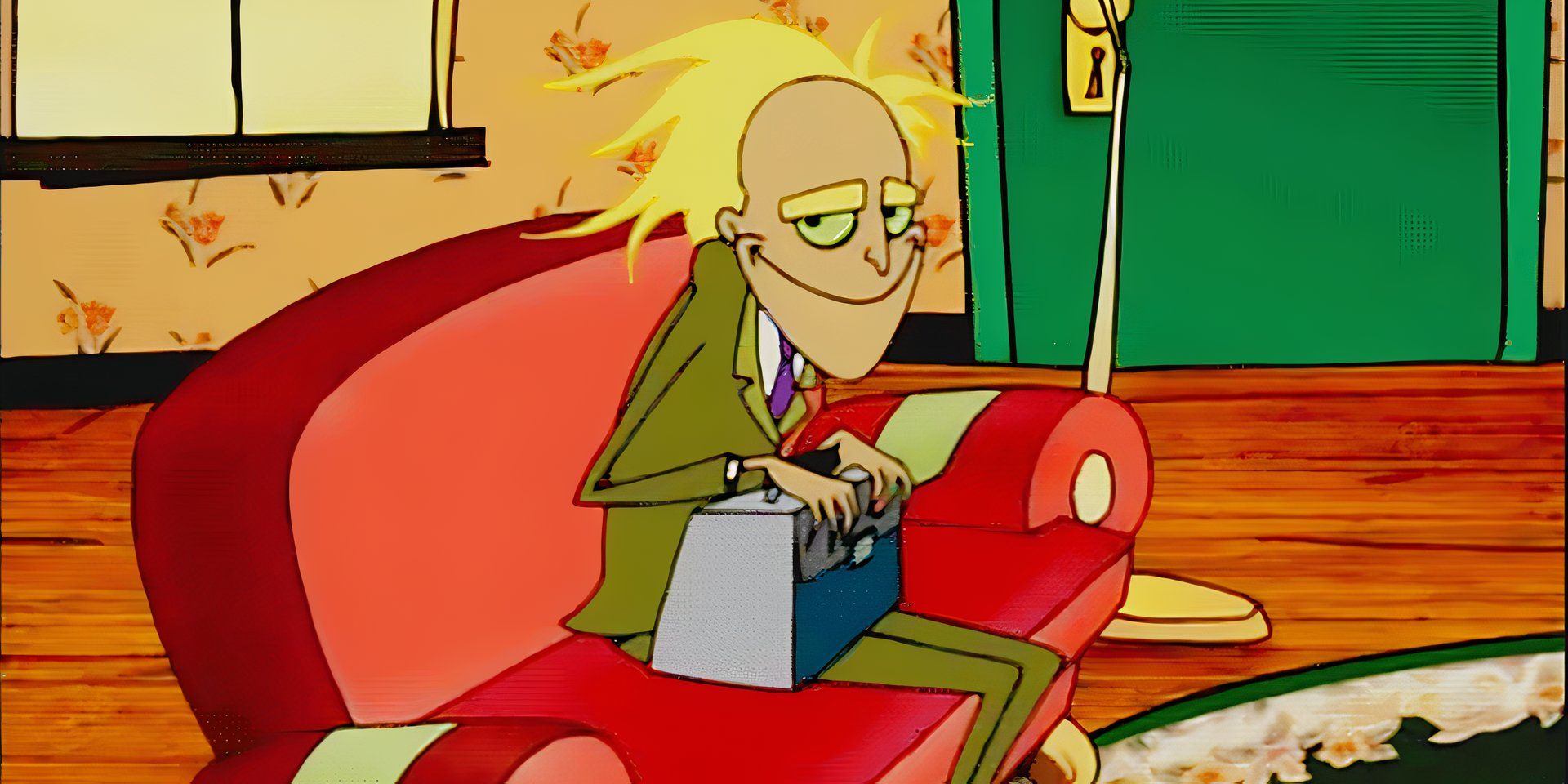 Freaky Fred sits on a couch with a briefcase in Courage the Cowardly Dog