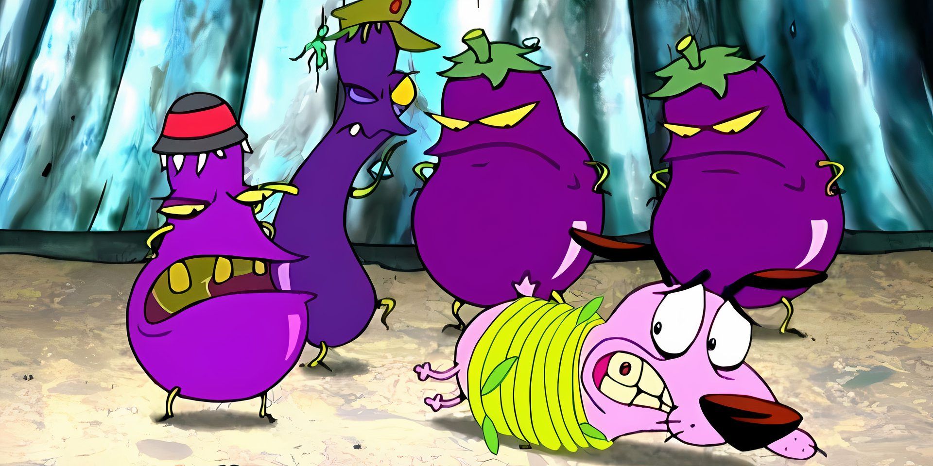 Courage is tied up and surrounded by anthropomorphic eggplants in Courage the Cowardly Dog