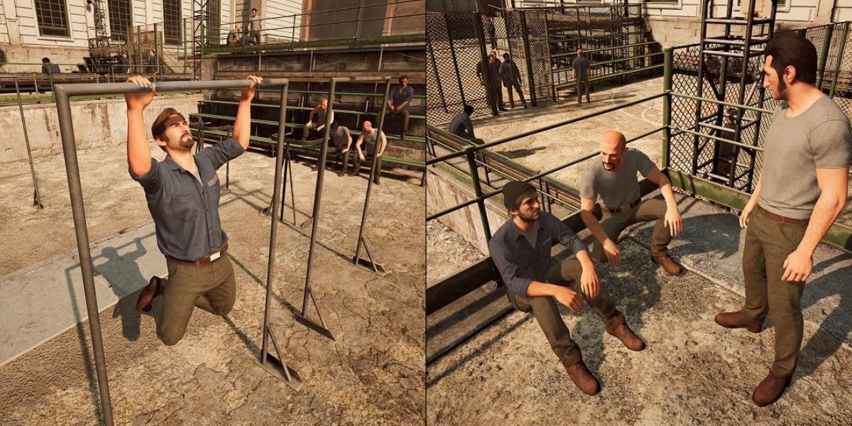 A un lado de la pantalla dividida, Vincent Moretti hace dominadas. Por otro lado, Leo Caruso habla con otros presos en el juego A Way Out.