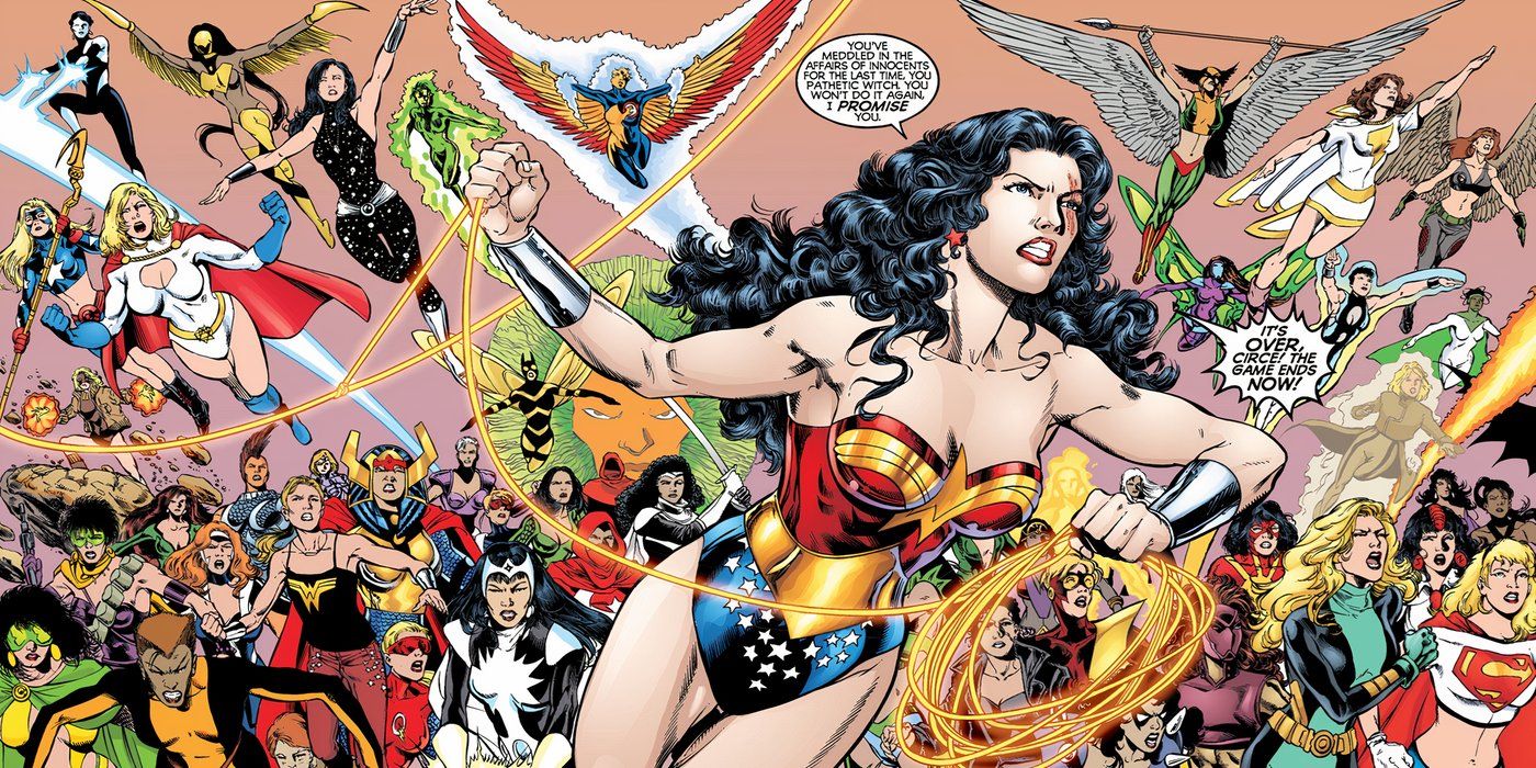 Mulher Maravilha liderando um exército de super-heroínas da DC.