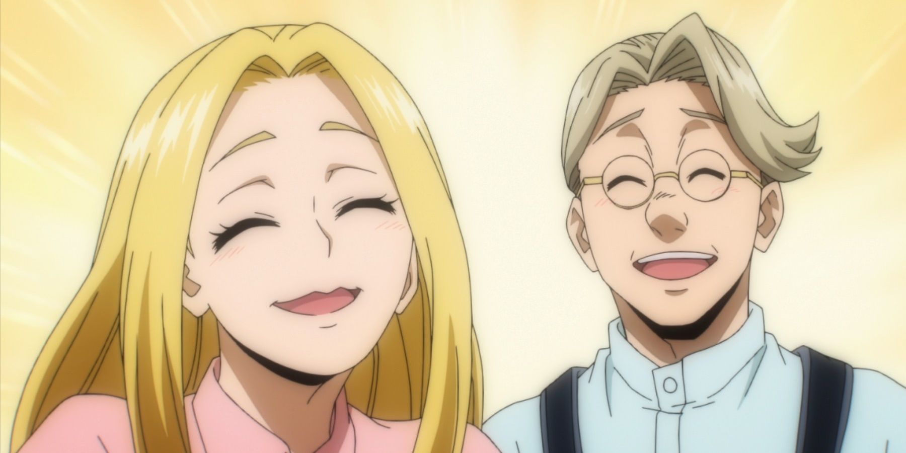 yuga aoyama's parents look happy against a yellow background