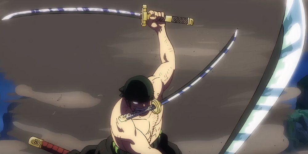 Roronoa Zoro is using Kalasutra Great Dragon Twister against King the Conflagration in One Piece's Wano Arc.